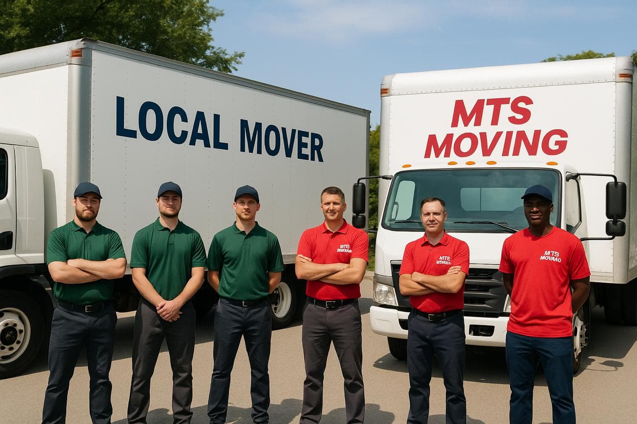 A local mover van beside an MTS long-distance moving truck with their crews