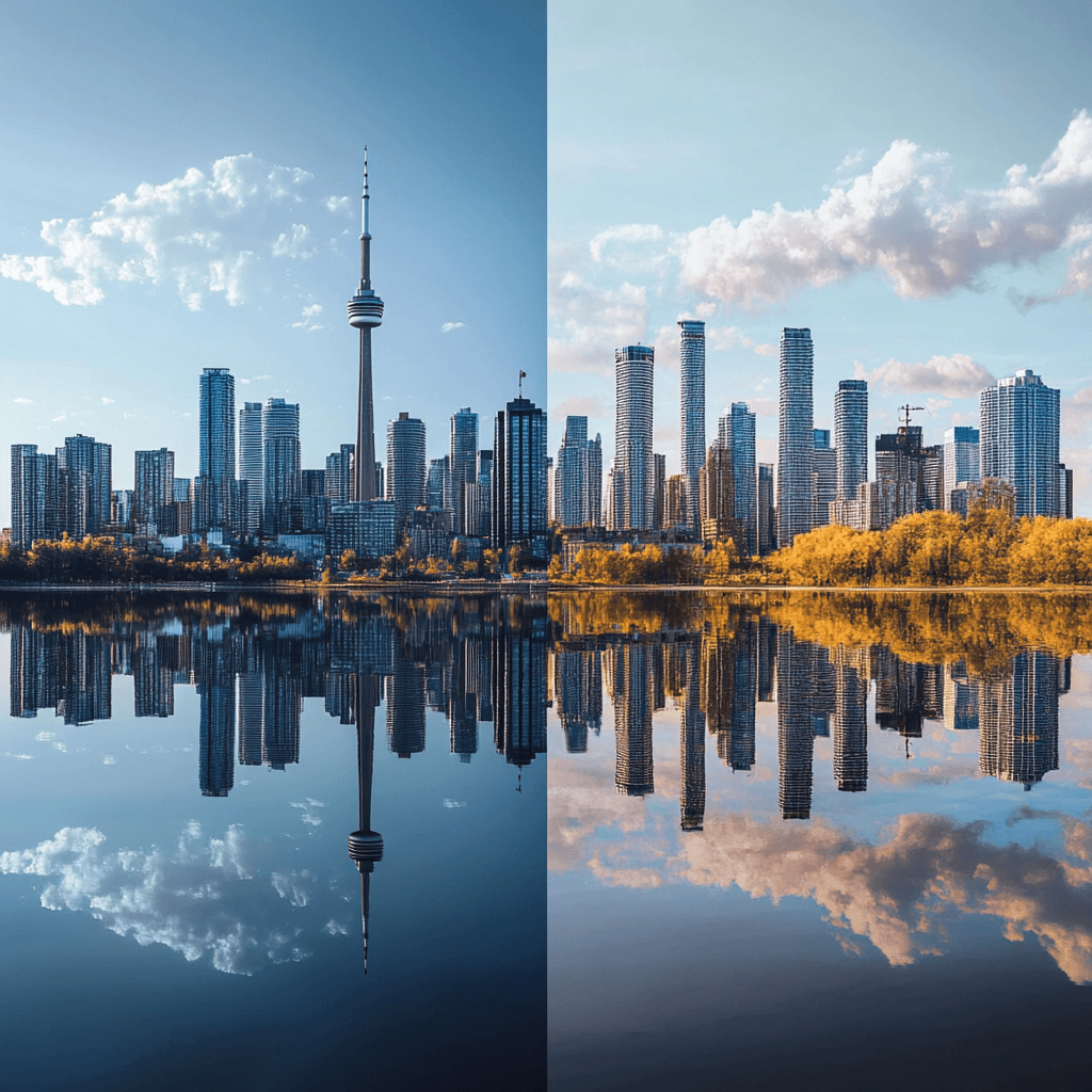 The Toronto skyline with the CN Tower reflected in the water