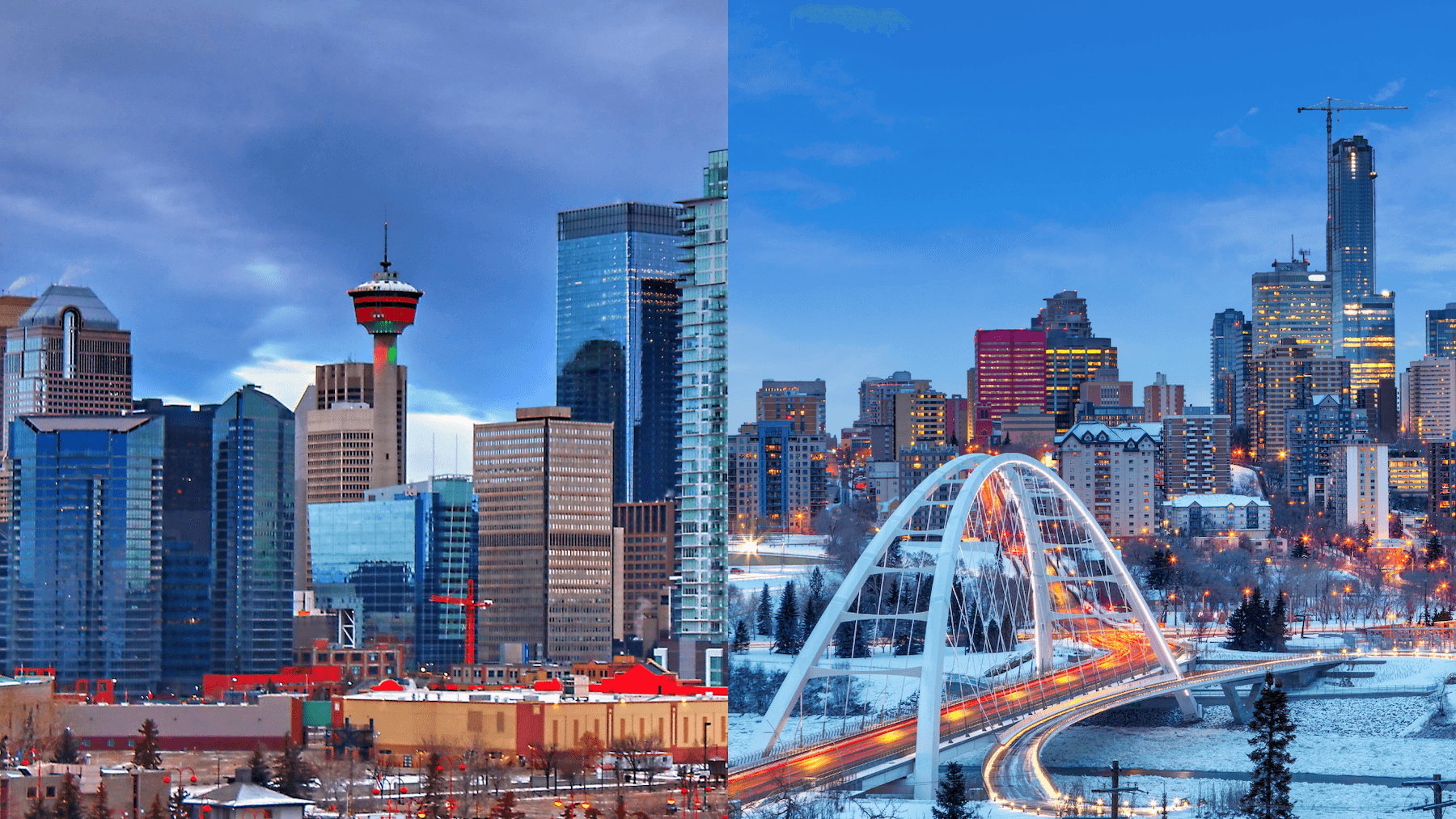 A downtown Alberta city skyline at dusk beside the river