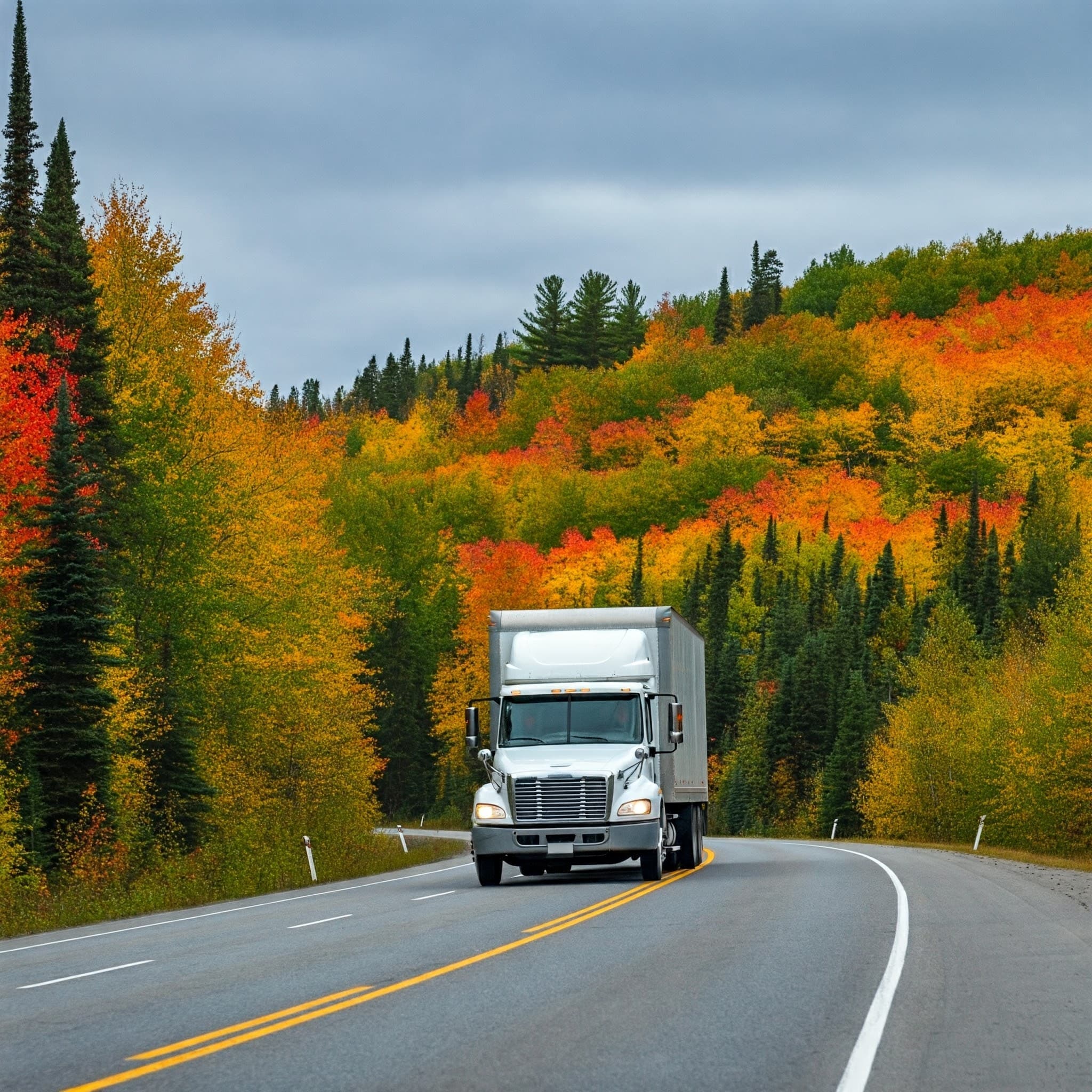 A moving truck on a highway winding through autumn forest