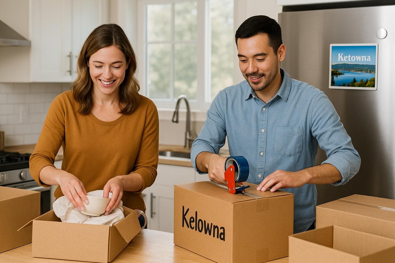 A couple taping a box labelled Kelowna in their kitchen