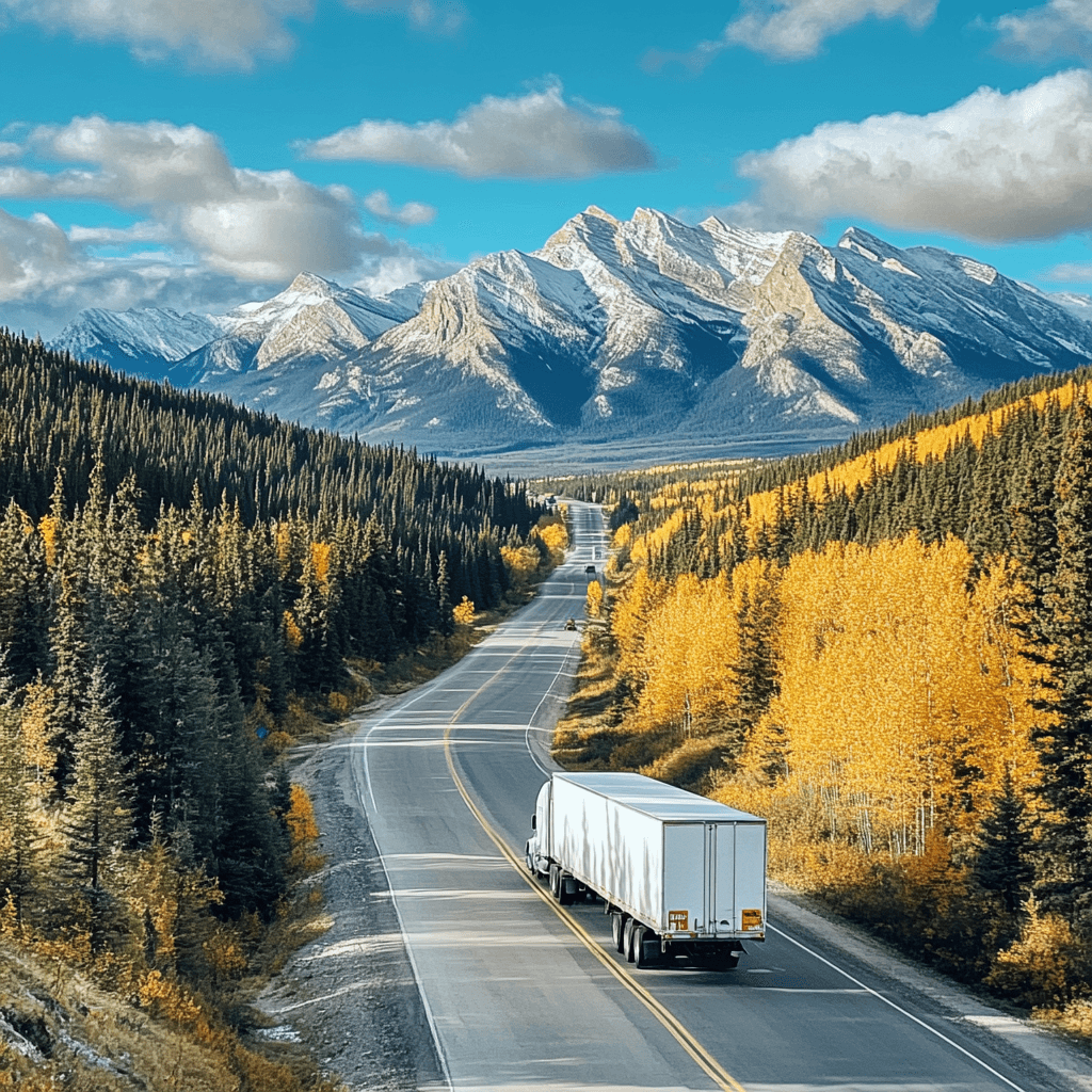 A moving truck on a mountain highway lined with golden autumn larches