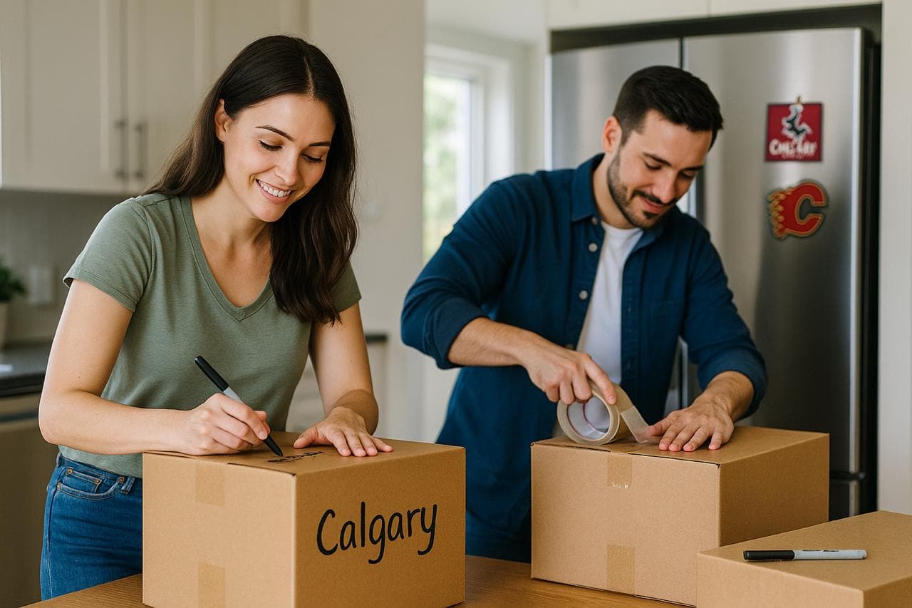 A couple packing boxes labelled Calgary in their kitchen