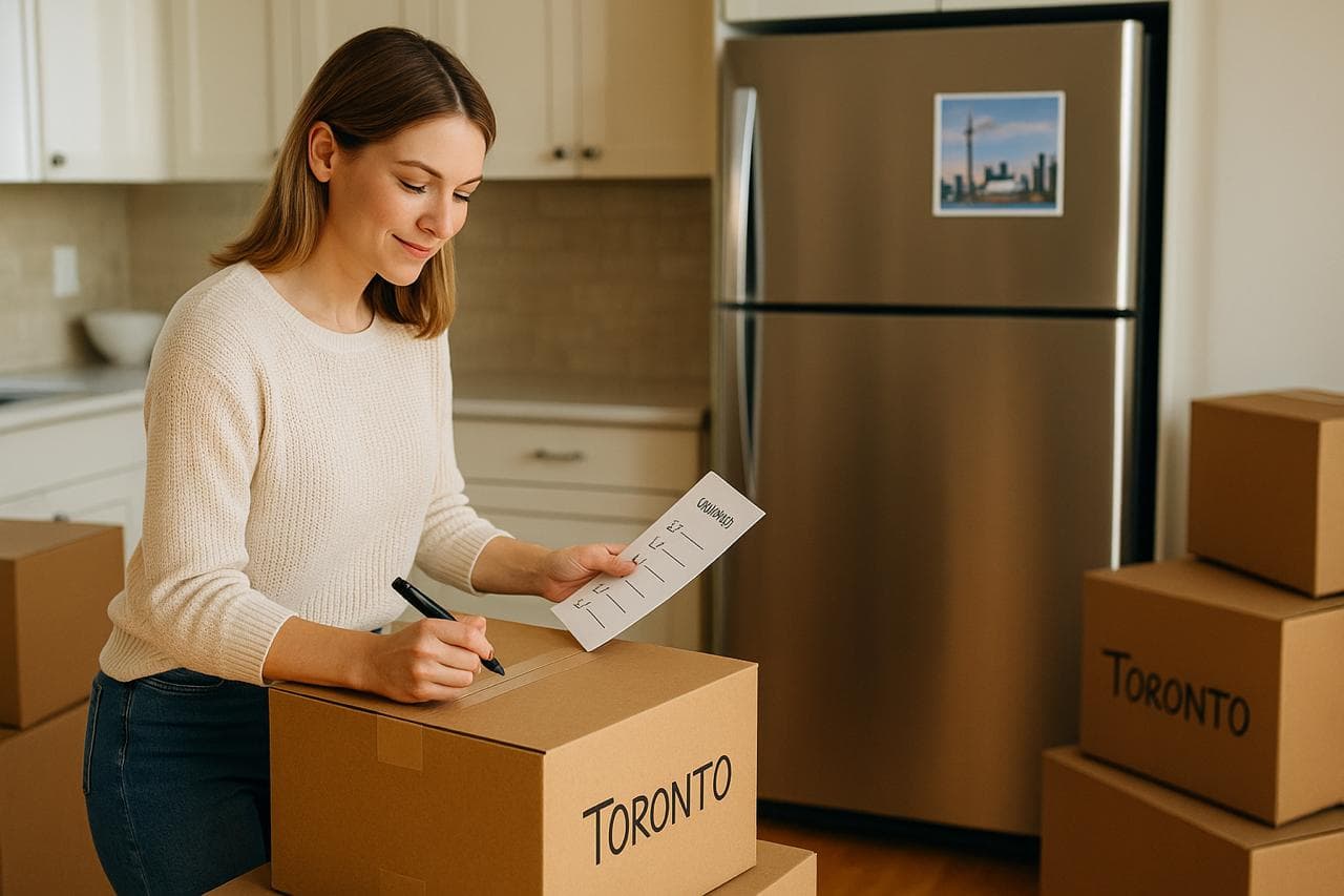 A woman with a checklist beside a moving box labelled Toronto