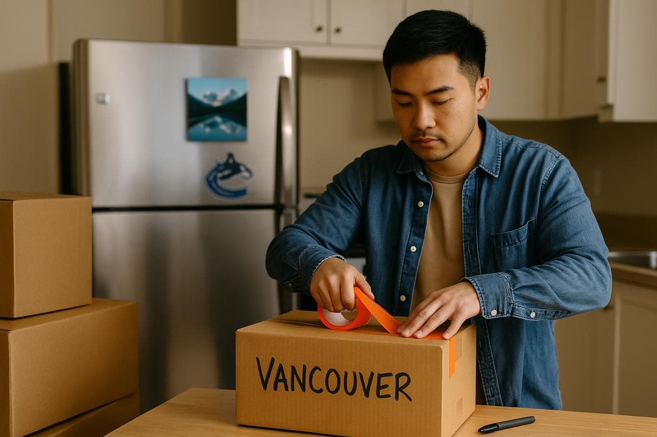 A man taping a box labelled Vancouver in a kitchen