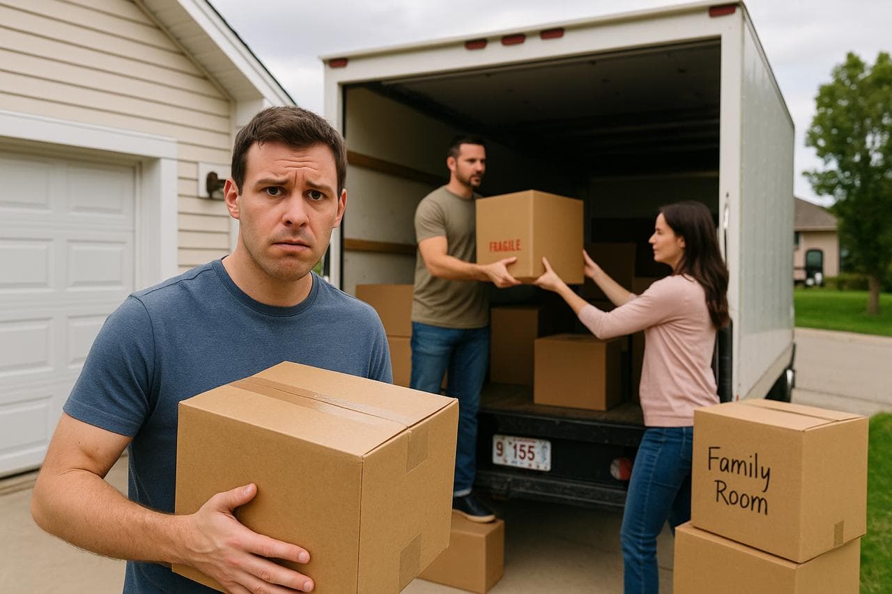 A couple loading boxes into a rental moving truck
