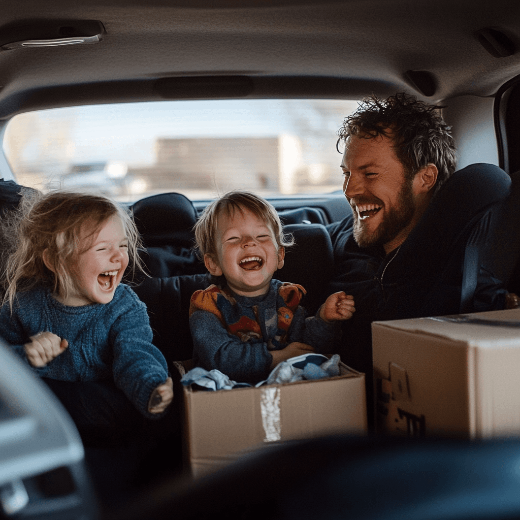Two children laughing in a car packed with moving boxes