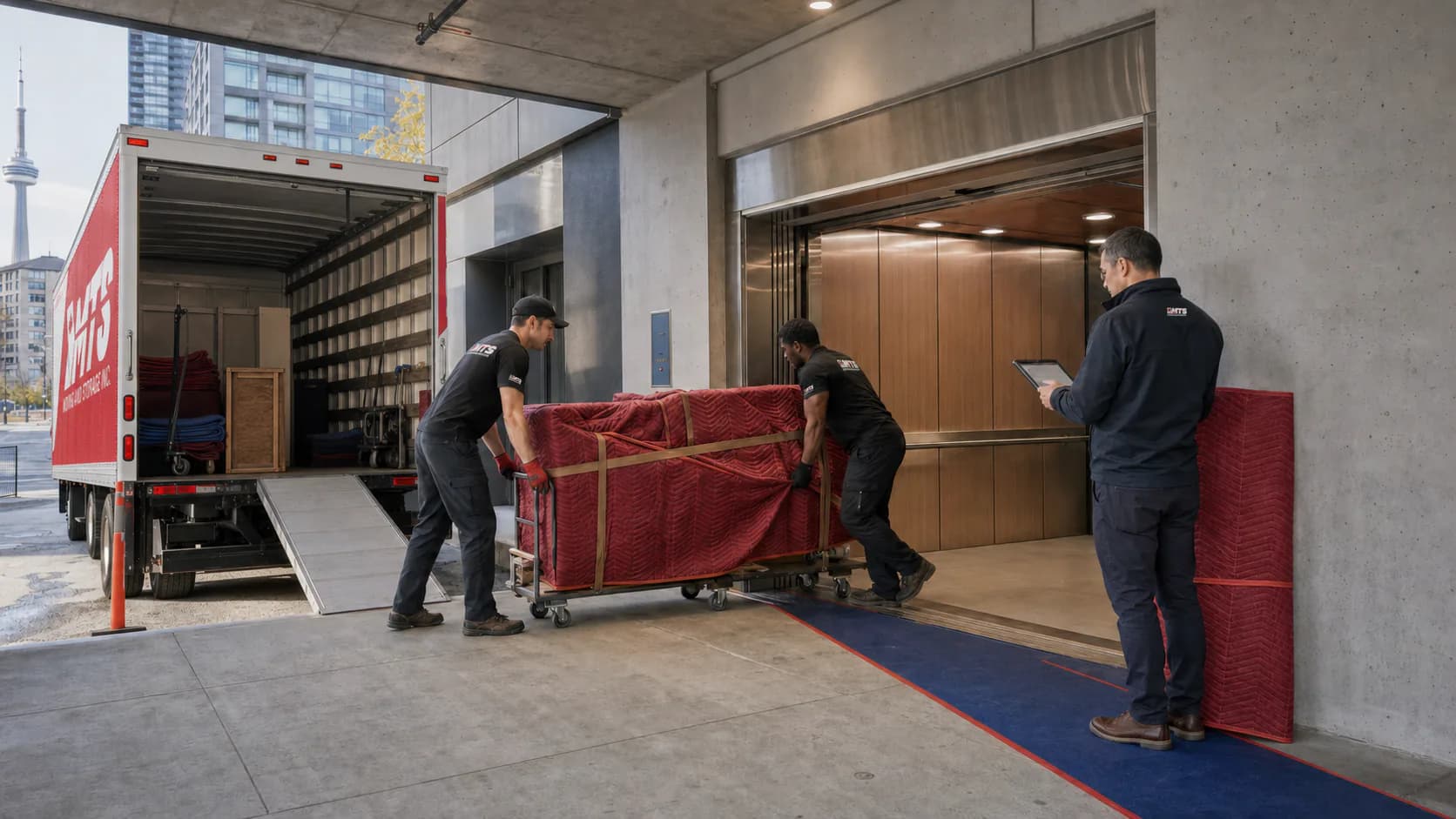 MTS movers delivering protected furniture through a Toronto condo loading dock
