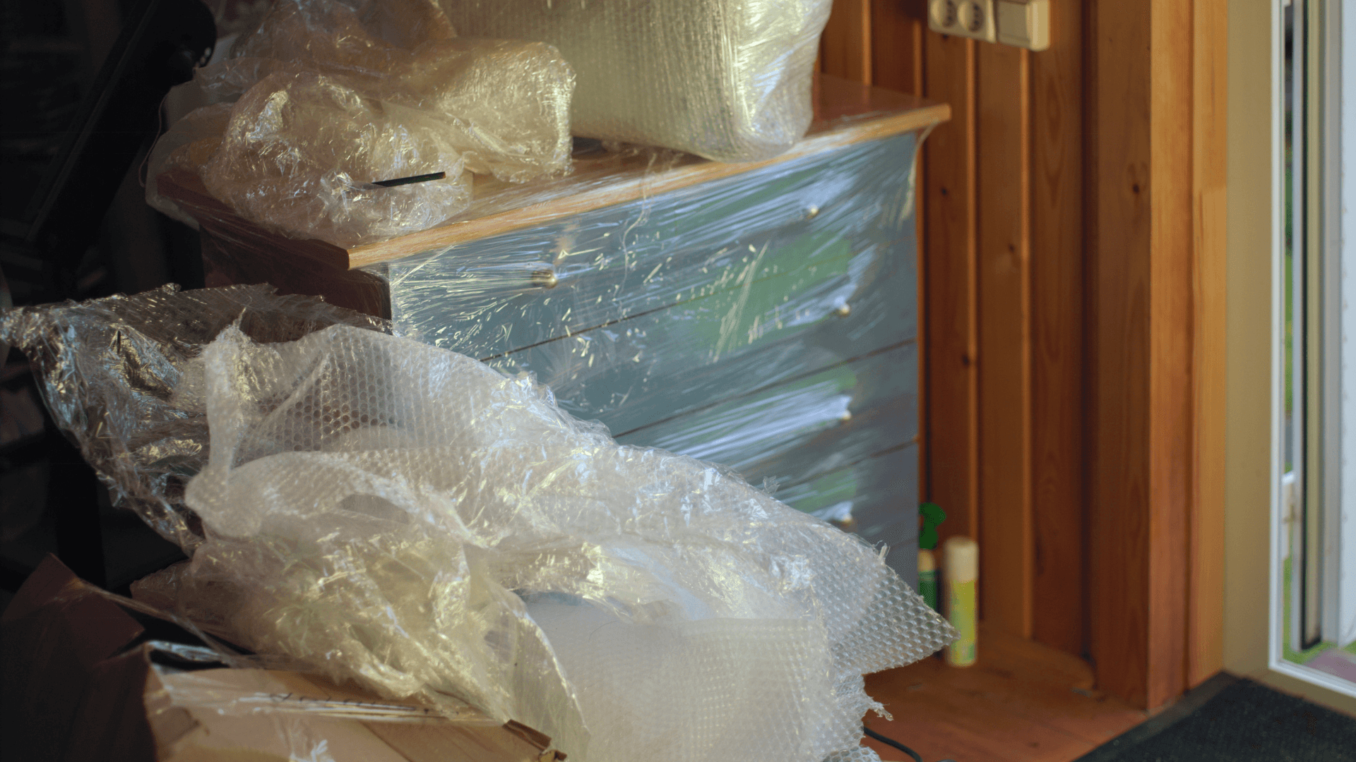 Furniture and boxes wrapped in protective plastic by a window