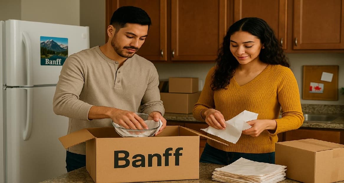 A couple packing a box labelled Banff in their kitchen