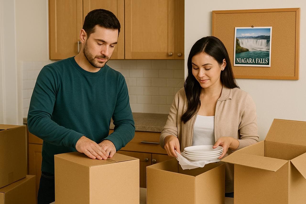 A couple packing kitchen dishes into boxes ahead of a move to Niagara