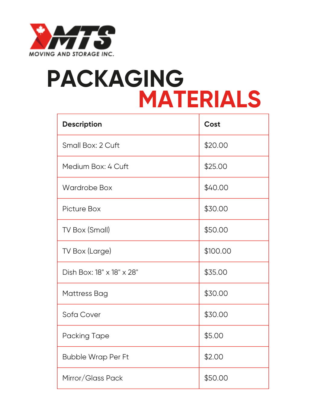 MTS Moving packaging materials price list showing box and supply costs