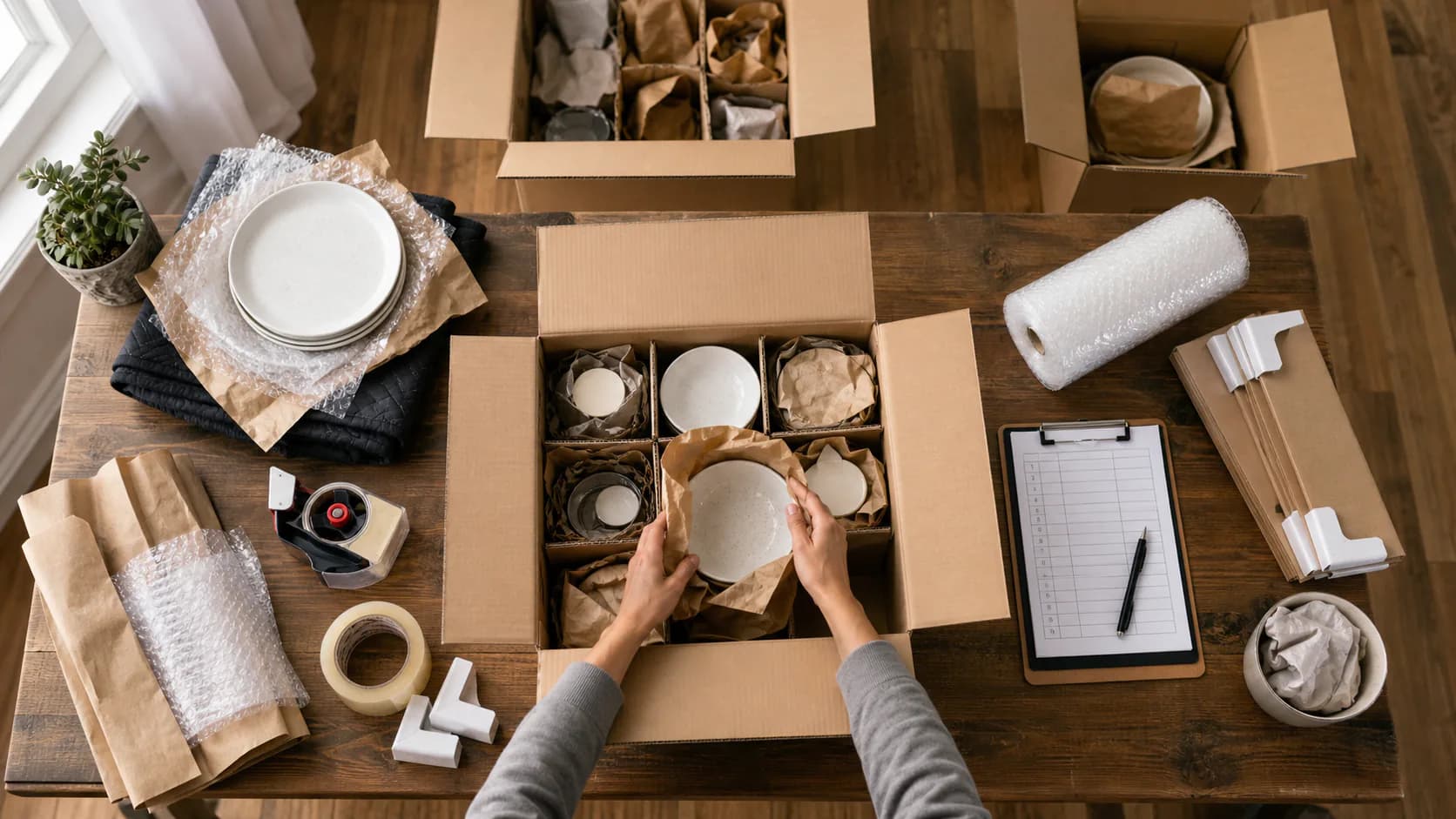 A top-down view of dishes being protected with dividers and packing paper in a moving box