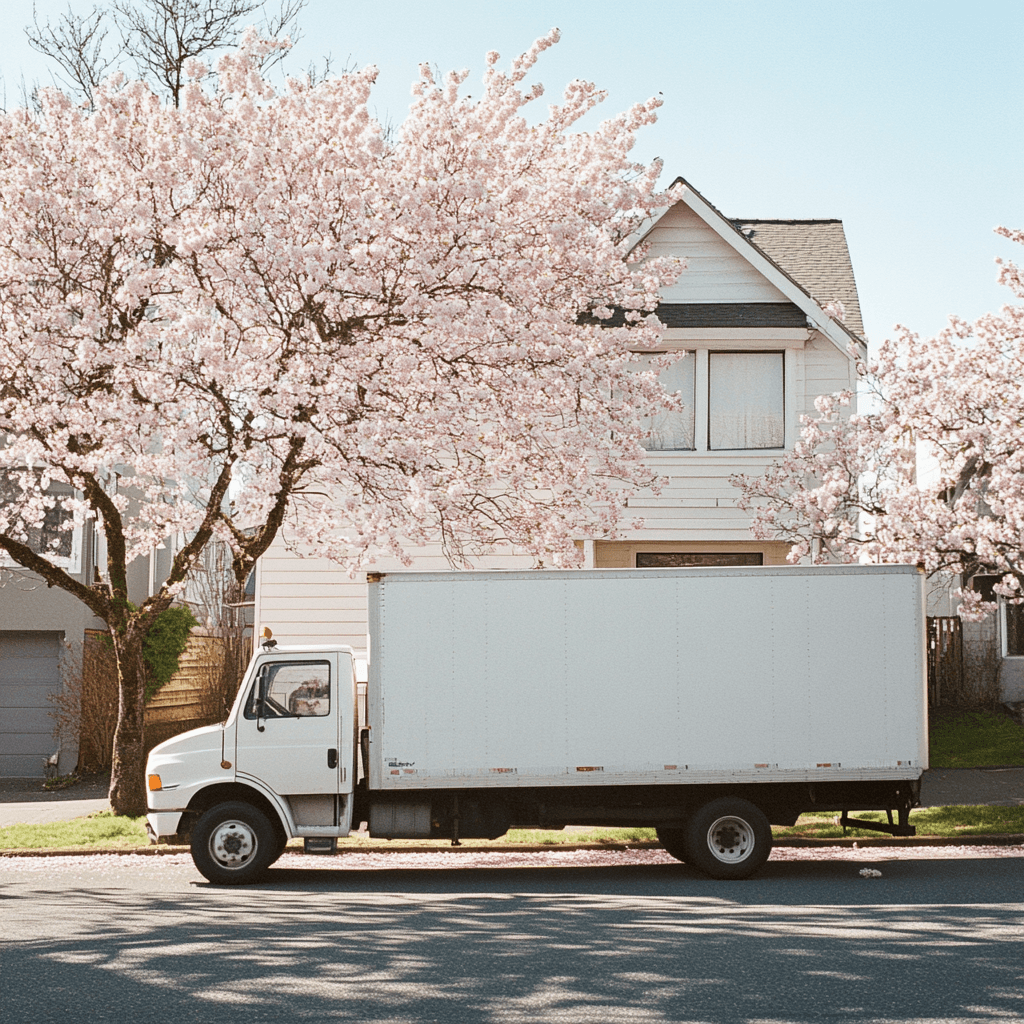 A moving truck outside a home framed by spring cherry blossoms