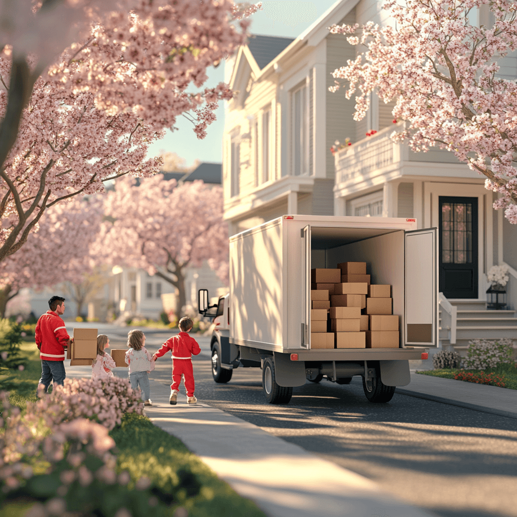 Movers loading a truck outside a home in spring blossom
