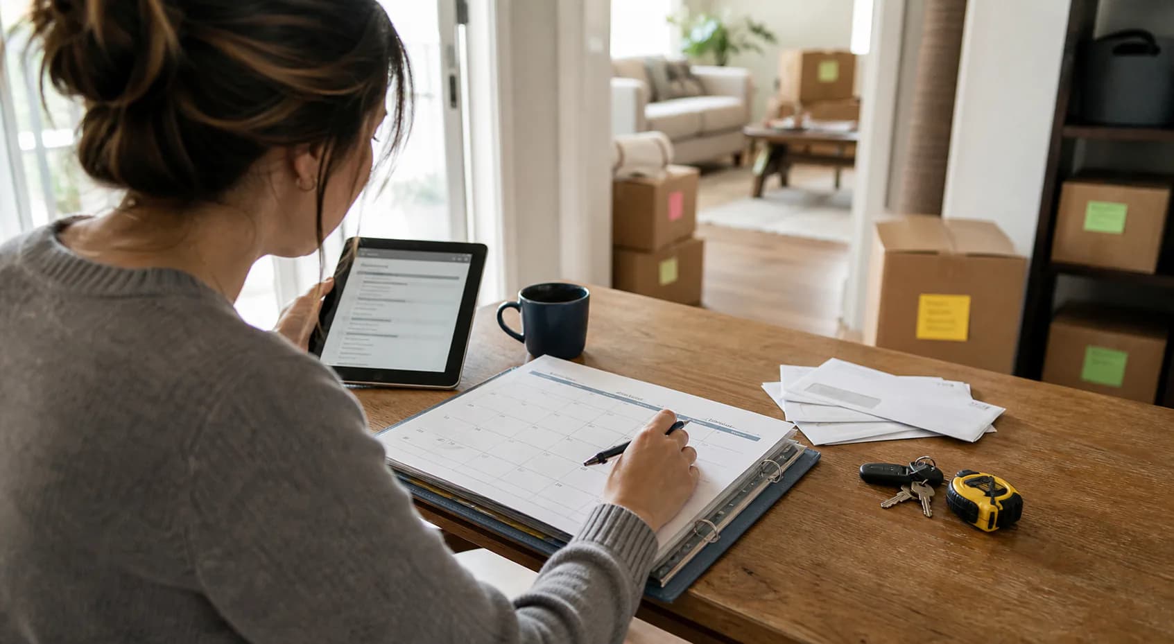 A homeowner planning an eight-week move with a calendar, tablet and moving binder
