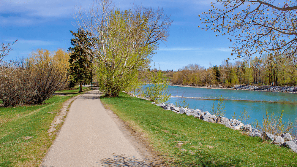 A paved riverside pathway along the Bow River in Calgary in spring