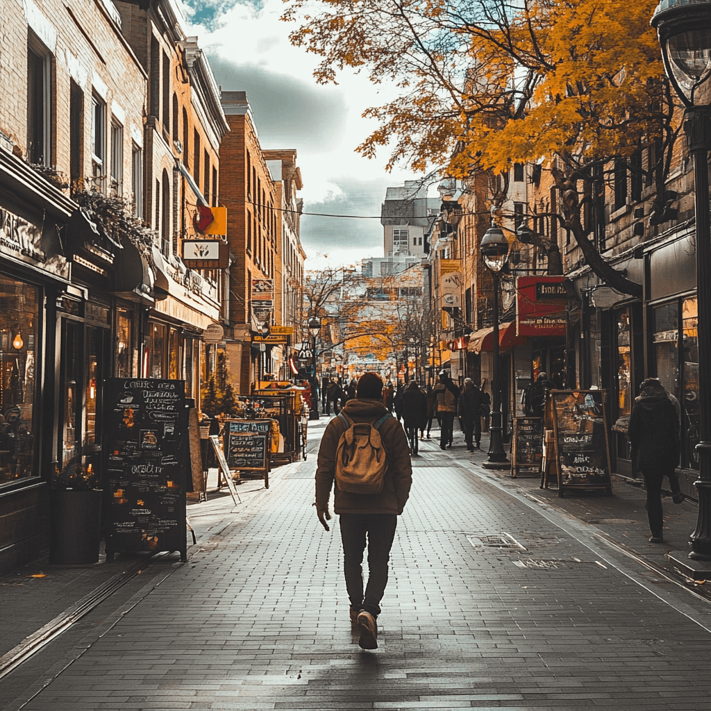 A person walking along a tree-lined neighbourhood street in autumn