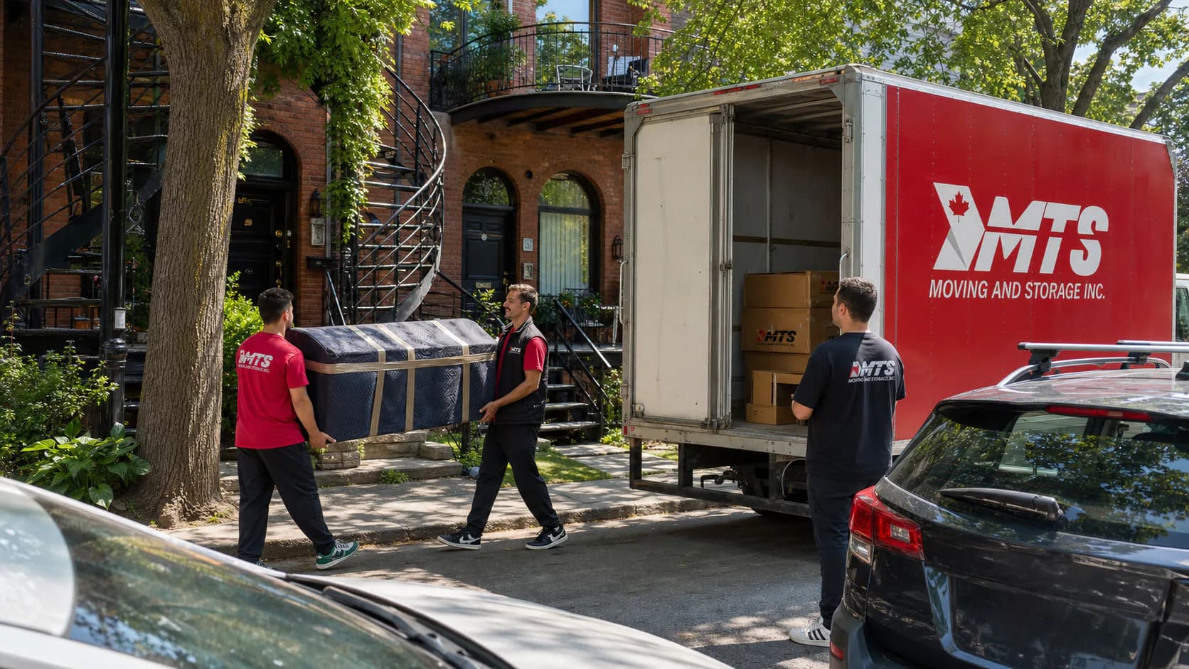 MTS movers delivering protected furniture to a Montreal triplex on a summer morning