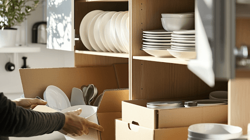 A person unpacking dishes onto shelves after a move