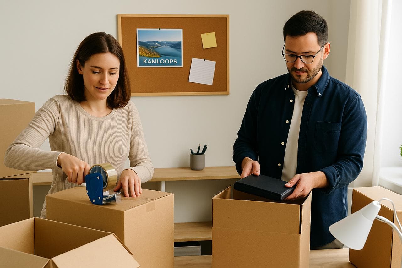 A couple packing boxes together at a kitchen table
