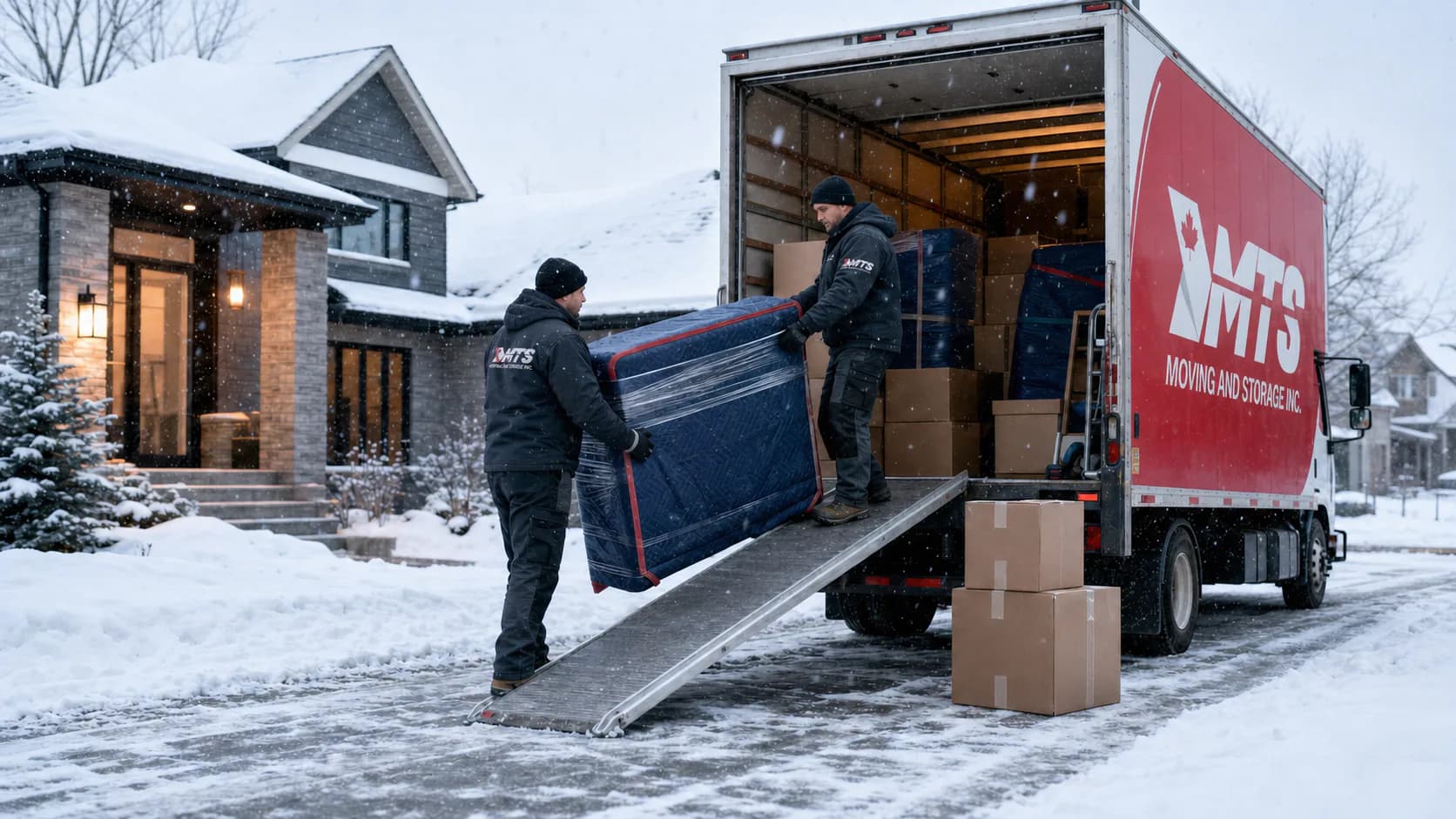 MTS movers loading weather-protected furniture into a truck during snowfall