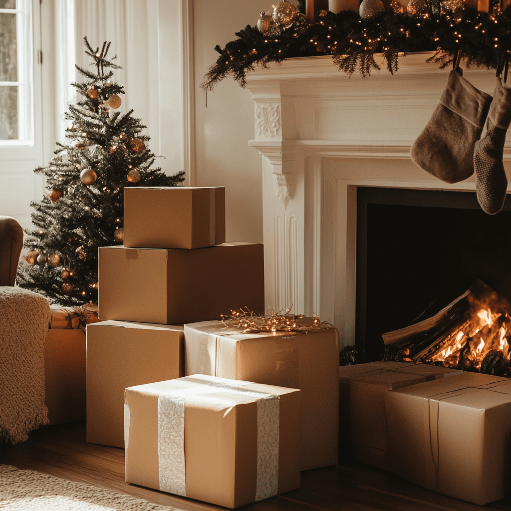 Moving boxes beside a fireplace decorated for winter