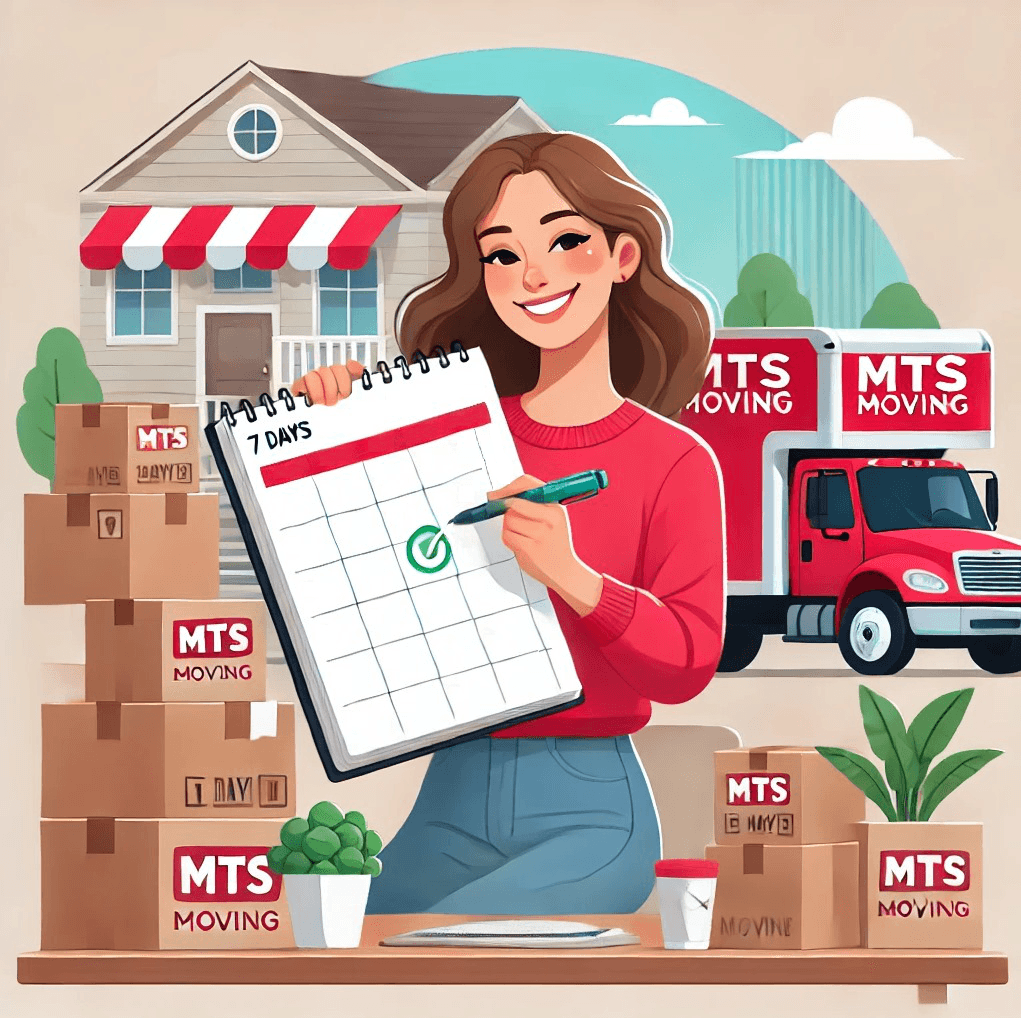 Illustration of a mover holding a checklist beside moving boxes and an MTS truck