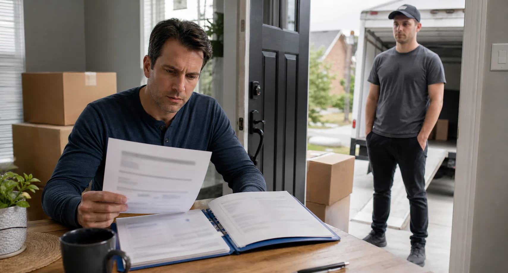 A homeowner carefully reviewing a moving estimate while an unbranded mover waits outside