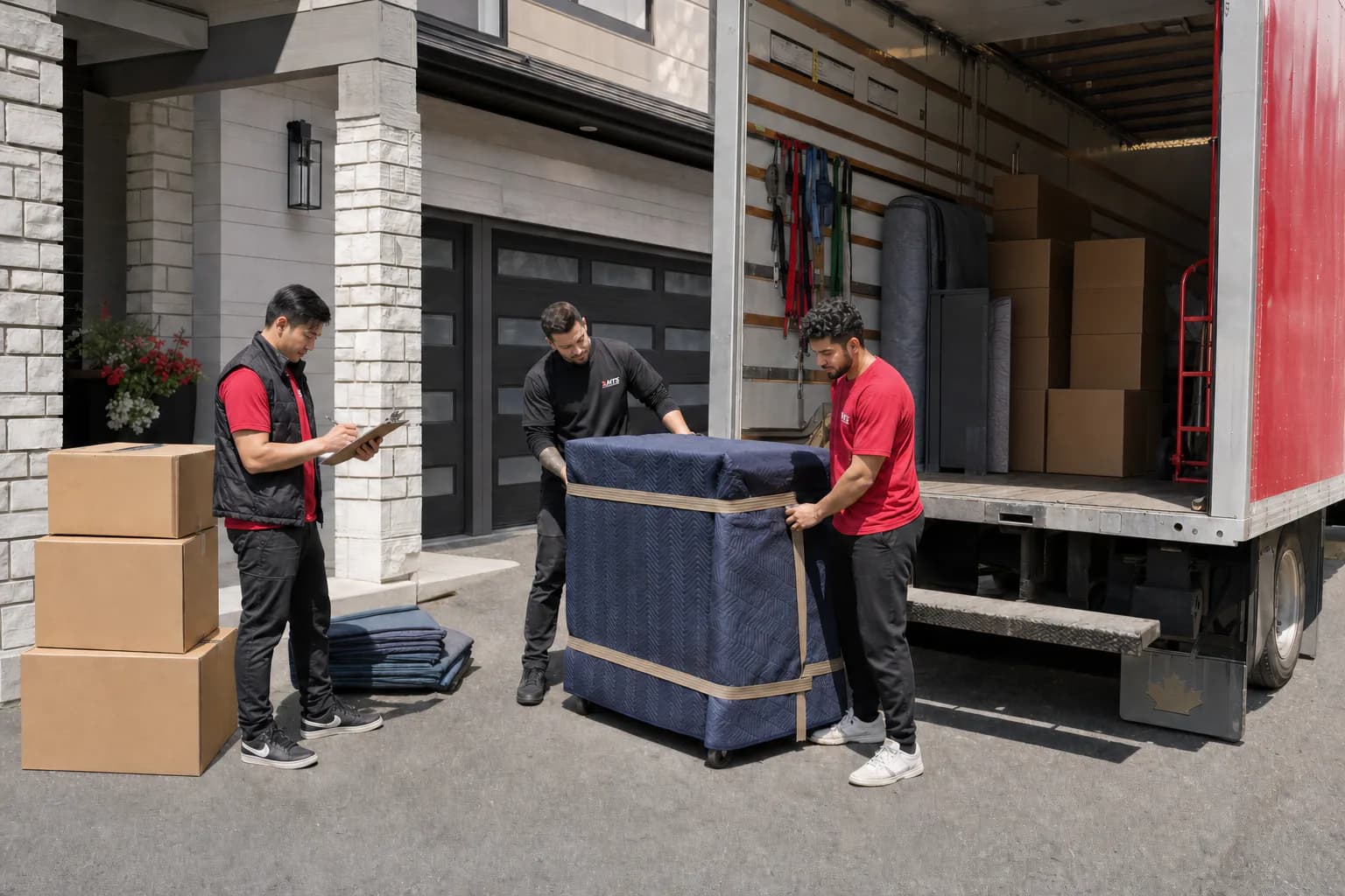 An MTS crew inventorying and loading blanket-wrapped furniture into a moving truck