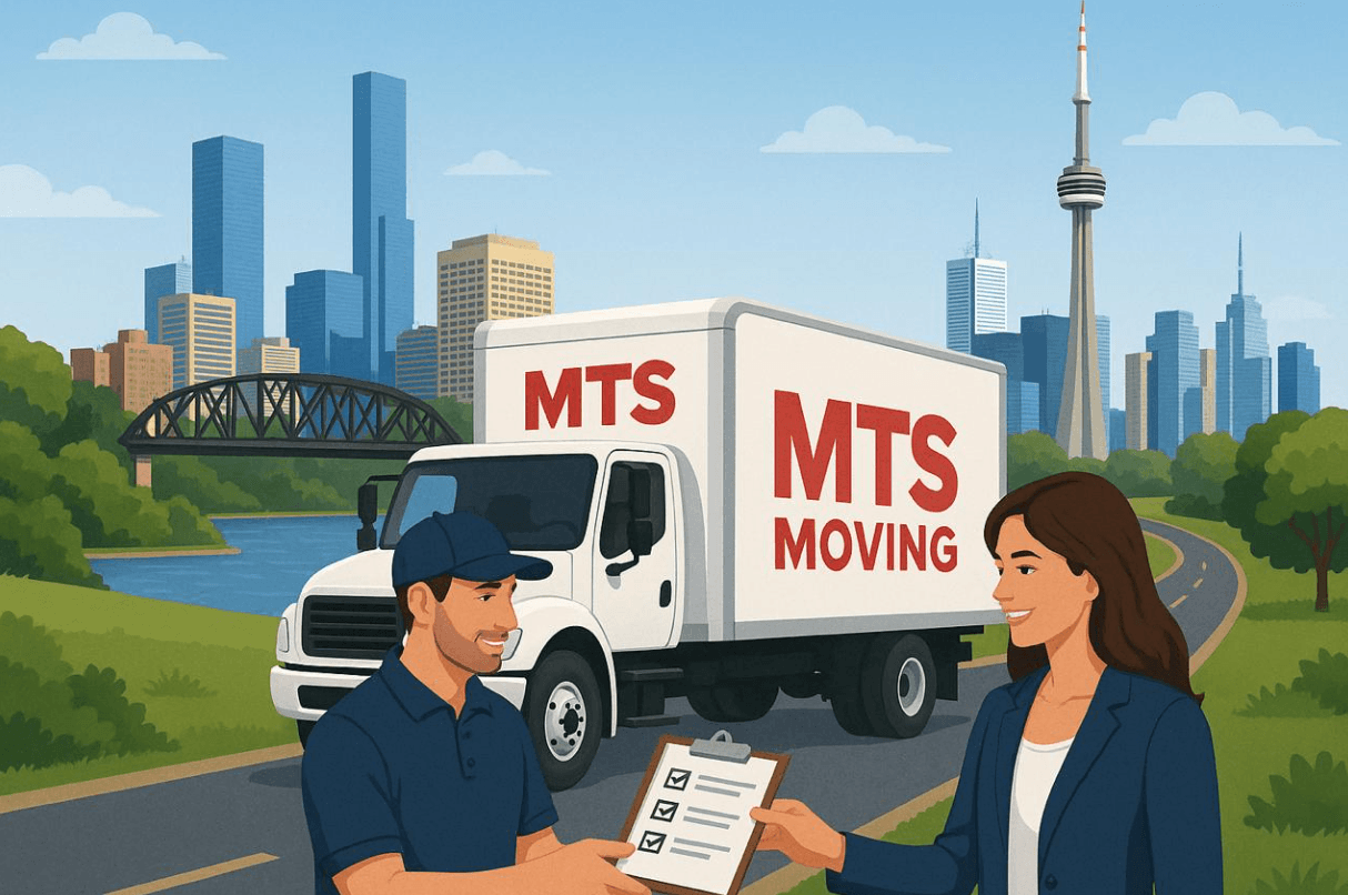 Illustration of an MTS Moving truck and crew against the Toronto skyline