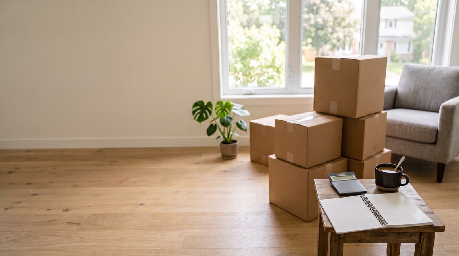 Stacked cardboard moving boxes beside a calculator and notebook in a bright room, representing budgeting for a long-distance move
