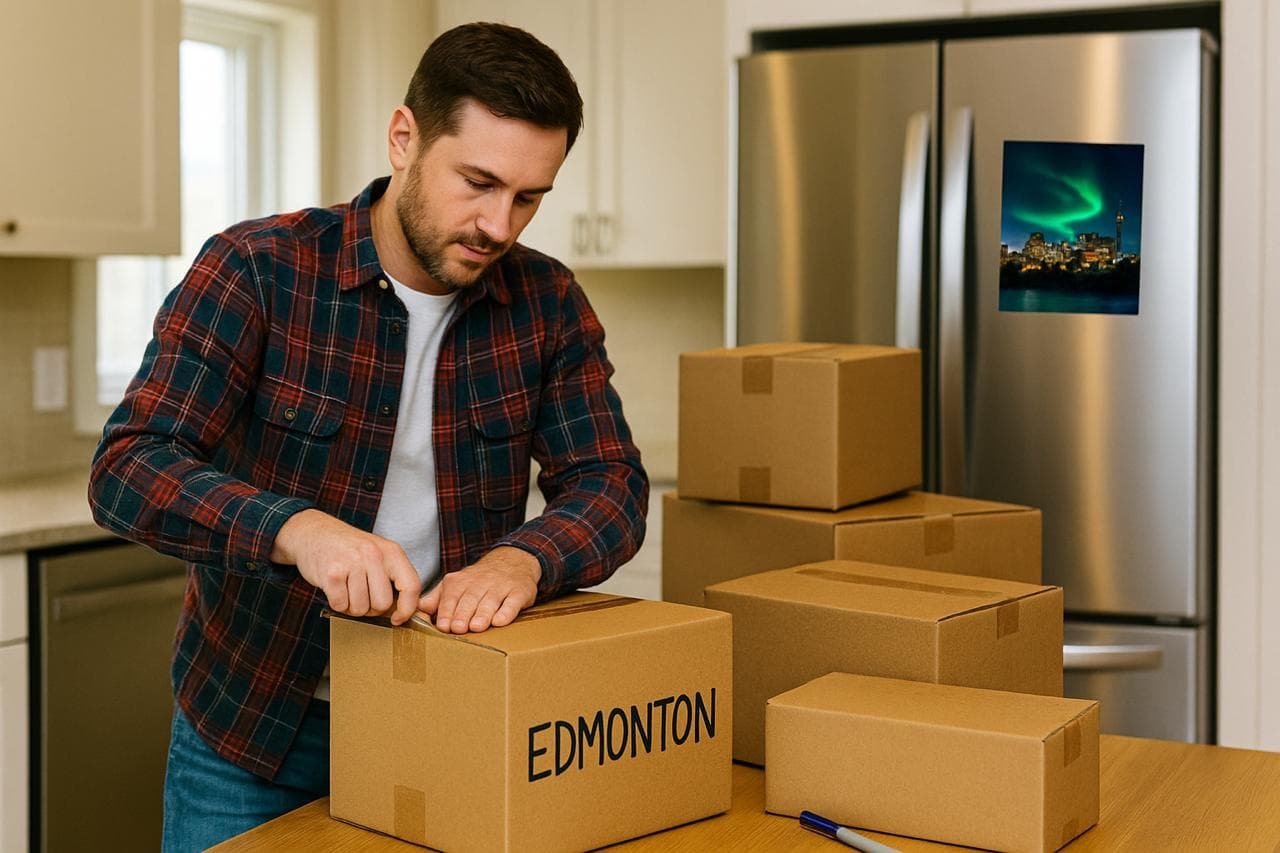 A man taping a box labelled Edmonton in a kitchen