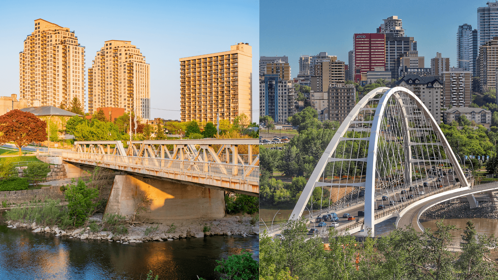 A river-valley city skyline with a bridge in autumn