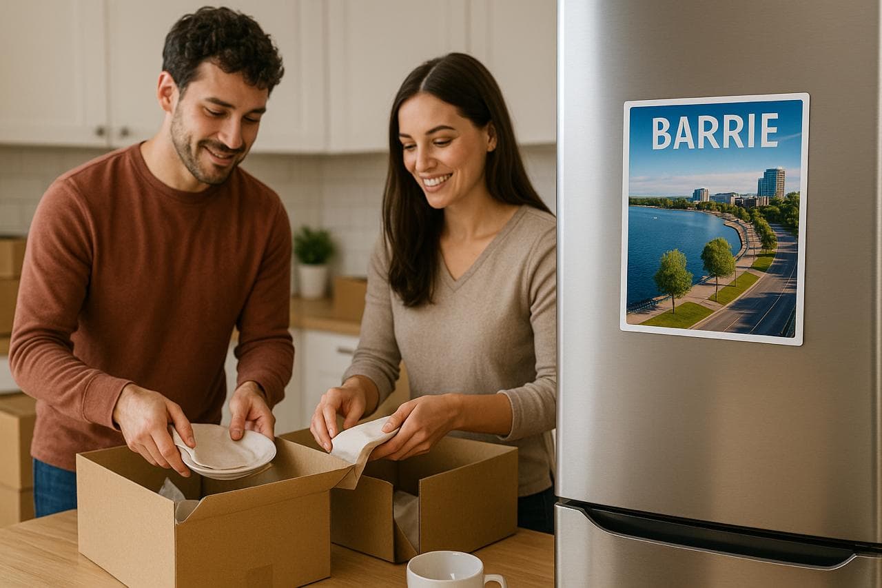 A couple packing boxes in a kitchen with a Barrie poster on the wall