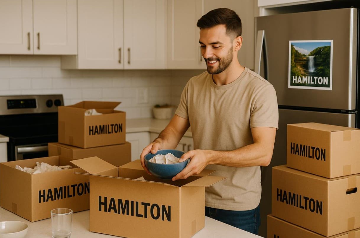 A couple packing boxes labelled Hamilton in their kitchen
