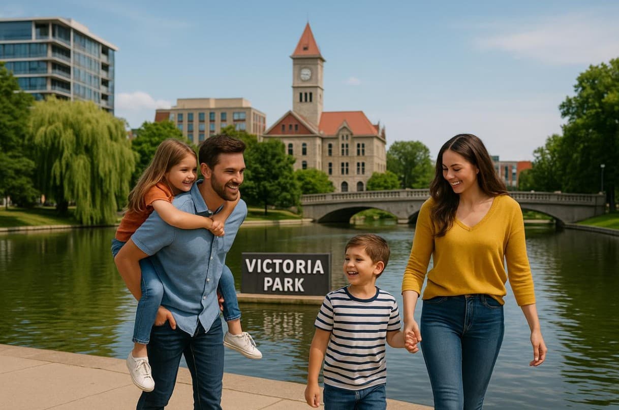 A family beside the river near Victoria Park in Kitchener, Ontario