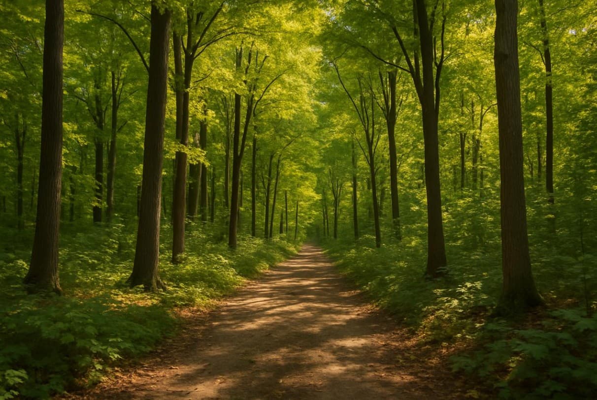 A wooded walking trail among green trees