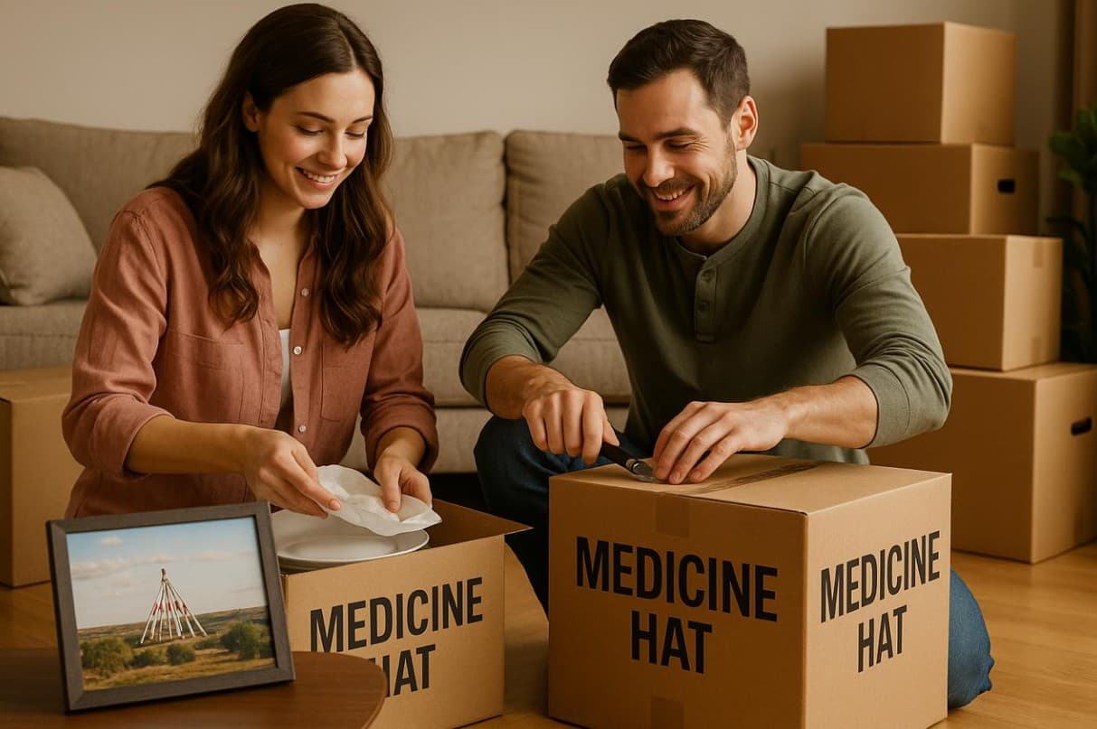 A couple packing boxes labelled Medicine Hat in their living room