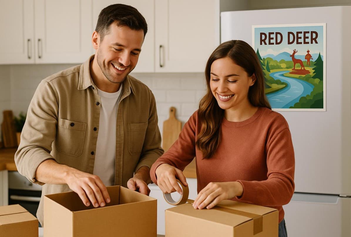 A couple packing boxes in a kitchen with a Red Deer poster on the wall
