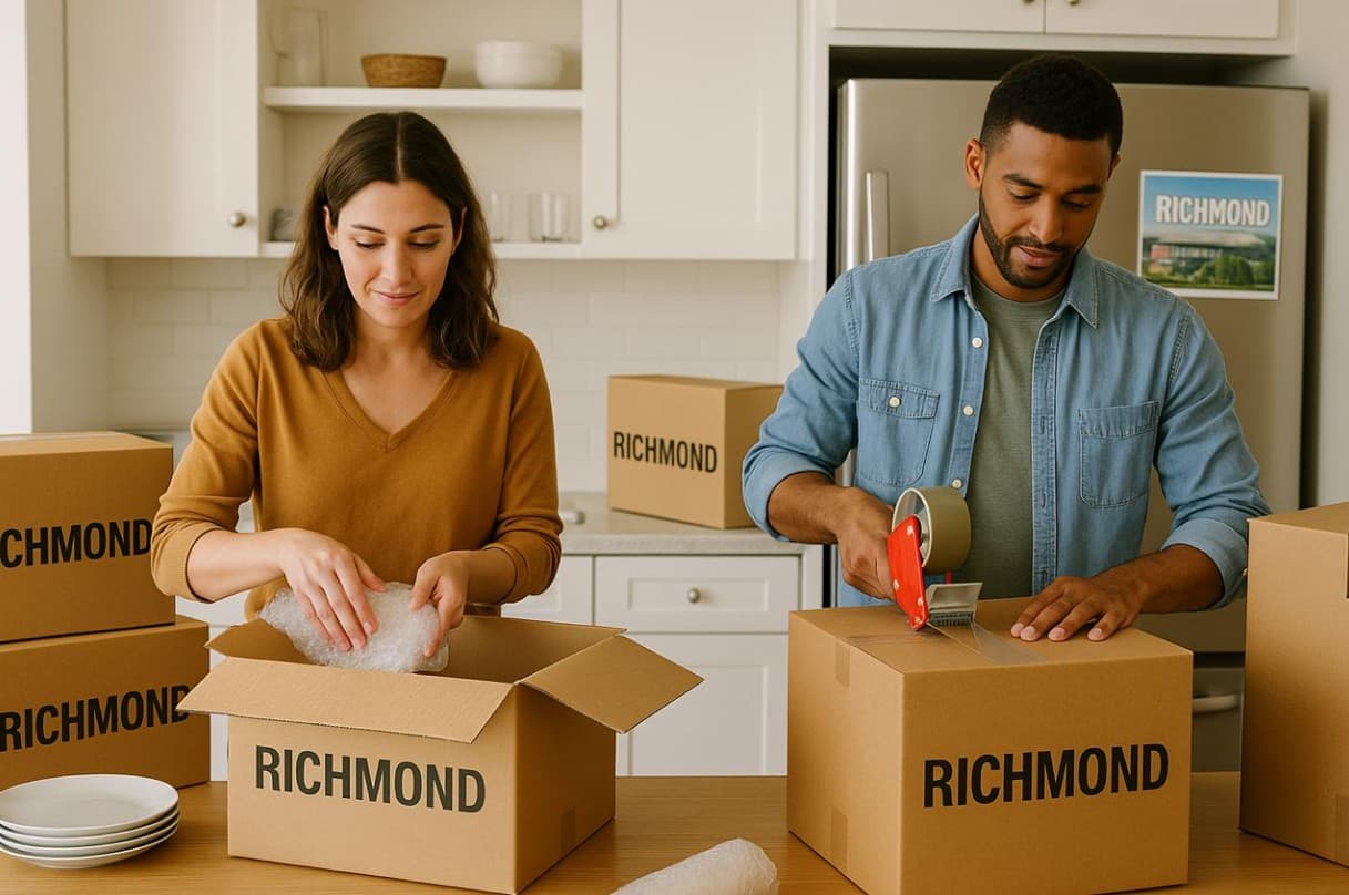 A couple packing boxes labelled Richmond in a kitchen