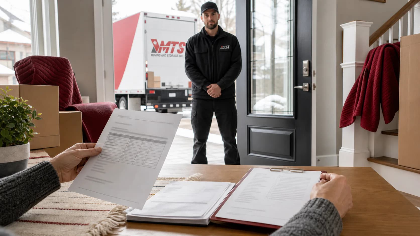 A homeowner reviewing a written estimate with an MTS mover and truck ready outside