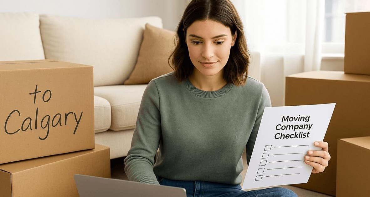 A woman with a moving checklist beside a box labelled to Calgary